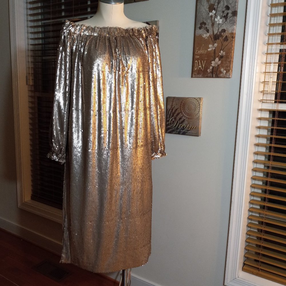 NEW Anthropologie Mare Mare Calliope Sequined Midi Dress Matte Gold S